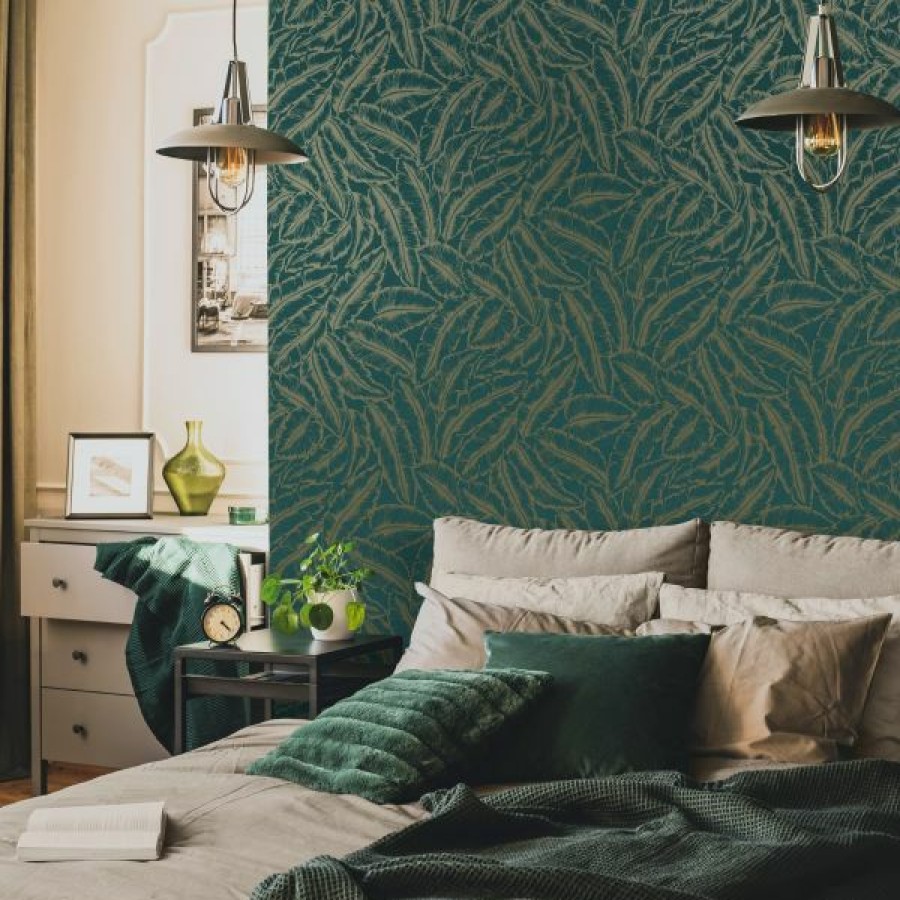 Tropical & Jungle | * Clearance Sale Elgin Tropical Leaf Wallpaper Teal/Gold Holden 65733