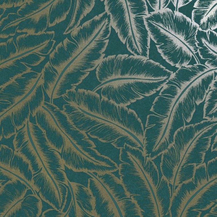 Tropical & Jungle | * Clearance Sale Elgin Tropical Leaf Wallpaper Teal/Gold Holden 65733