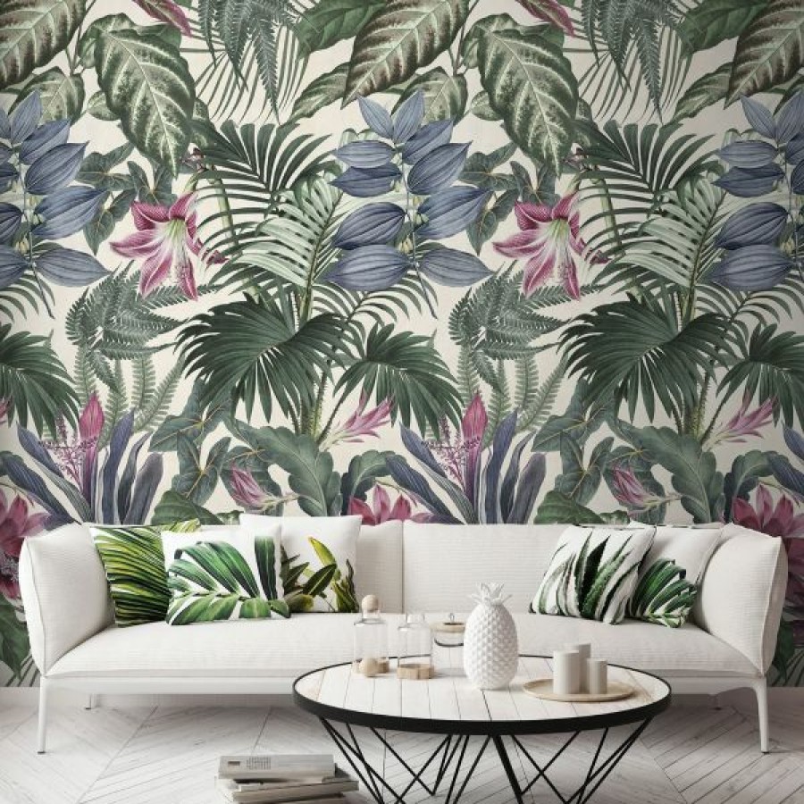 Tropical & Jungle | * Online Store Jungle Leaves And Flowers Wallpaper Green And Pink Mural Grandeco A46201