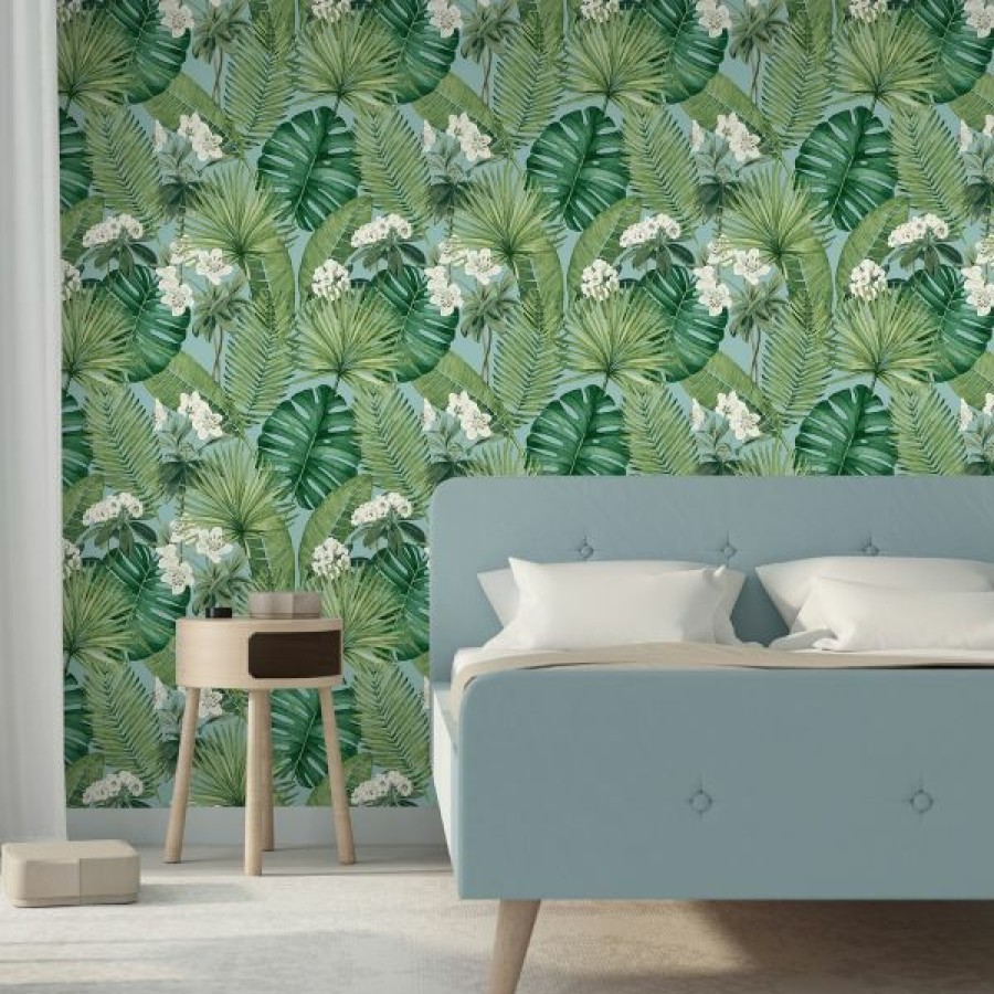 Tropical & Jungle | * Online Store Eden Wallpaper Collection Isla Leaf Blue Muriva M37801