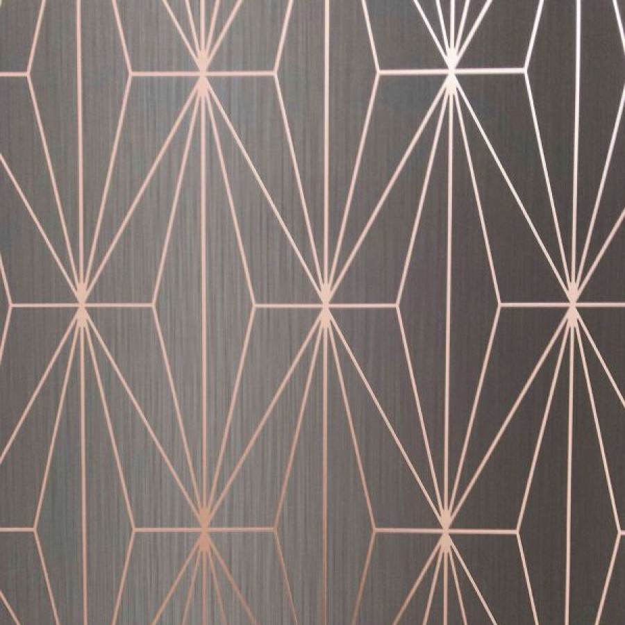 Geometric & Motif | * Quality Guarantee Kayla Metallic Geometric Wallpaper Charcoal / Rose Gold Muriva 703015