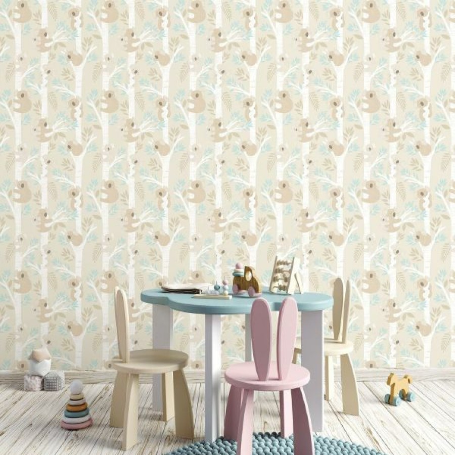 Glitter | * Clearance Tiny Tots 2 Koalas Wallpaper Beige Turquoise Glitter Galerie G78384