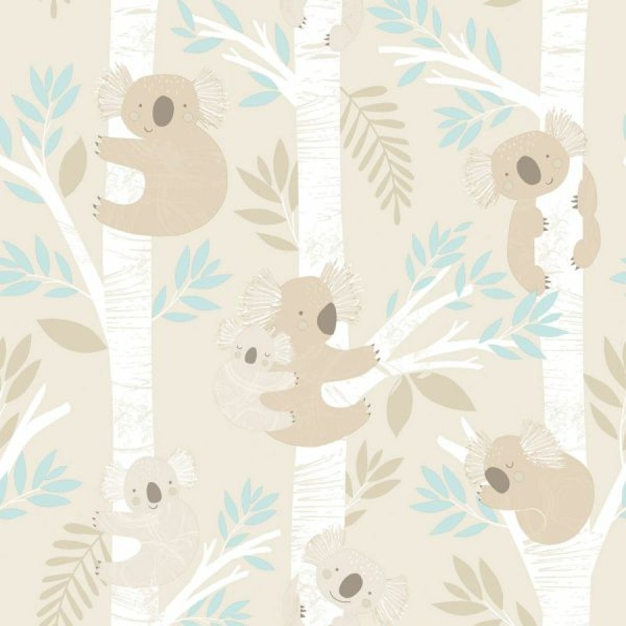 Glitter | * Clearance Tiny Tots 2 Koalas Wallpaper Beige Turquoise Glitter Galerie G78384