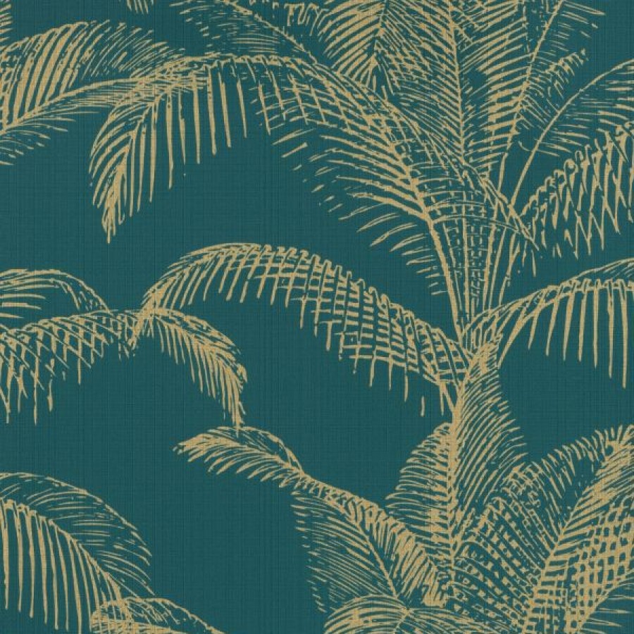 Tropical & Jungle | * Quality Guarantee Pandore Palm Leaves Wallpaper Teal / Gold Rasch 406825