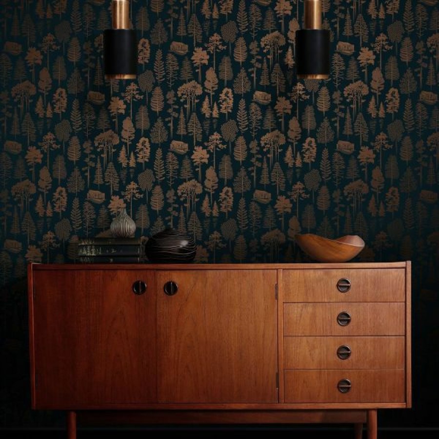 Luxury Wallpaper | * 100% Guarantee Catskills Woodland Wallpaper Midnight Blue And Copper Mini Moderns Mmtlg01Mi