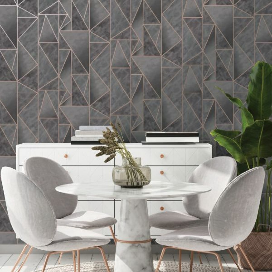 Paste The Wall | * Clearance Charon Geometric Wallpaper Charcoal/Rose Gold Holden 91142