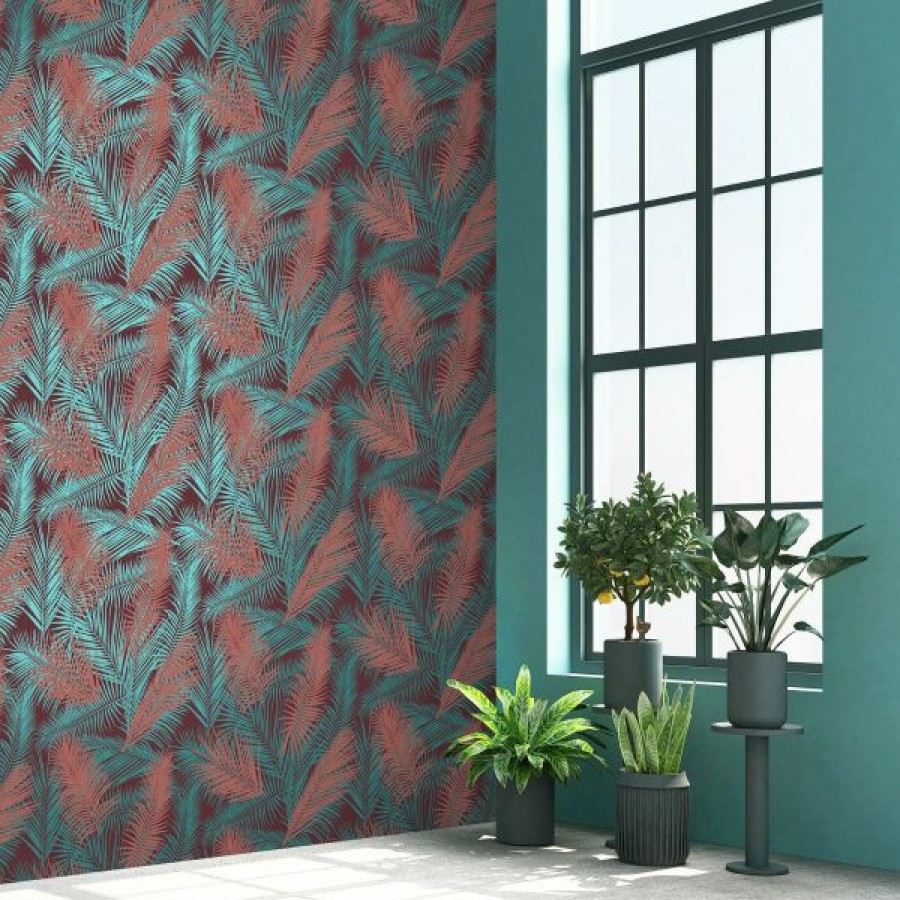 Tropical & Jungle | * High Quality Eden Wallpaper Collection Ilana Leaf Claret & Teal Muriva J98210