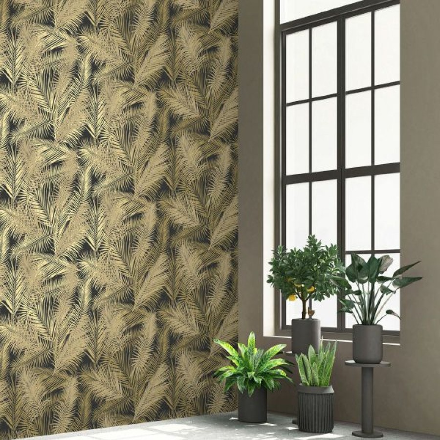 Bathroom | * Hot Sell Eden Wallpaper Collection Ilana Leaf Black & Gold Muriva J98202