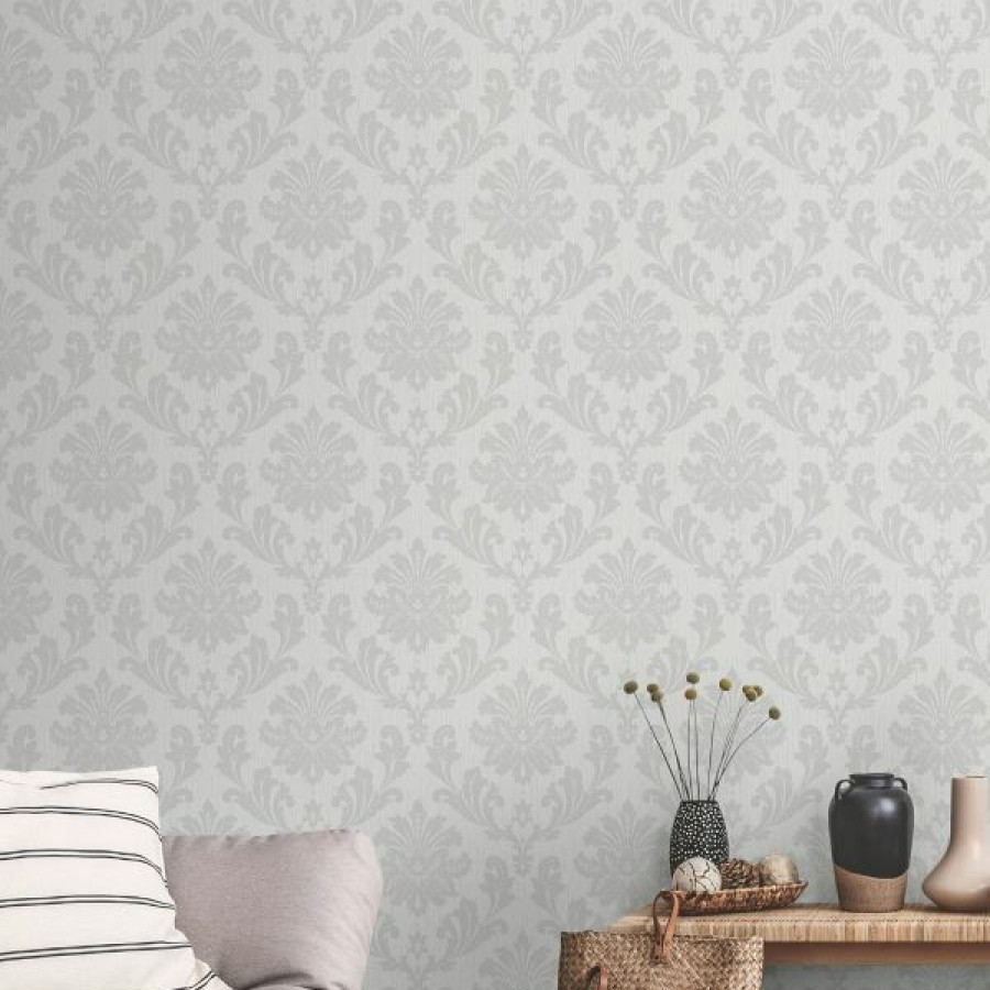 Other | * Fashionable Louisa Damask Wallpaper Gray And Silver Metallic And Glitter Effect Grandeco A53804