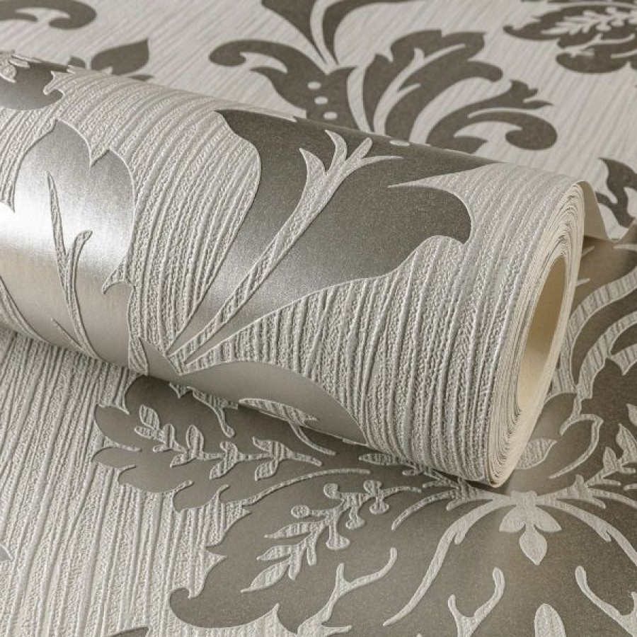 Other | * Fashionable Louisa Damask Wallpaper Gray And Silver Metallic And Glitter Effect Grandeco A53804