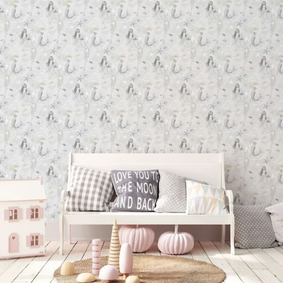 Glitter | * Discounts Tiny Tots 2 Mermaids Wallpaper Gray Silver Glitter Galerie G78389